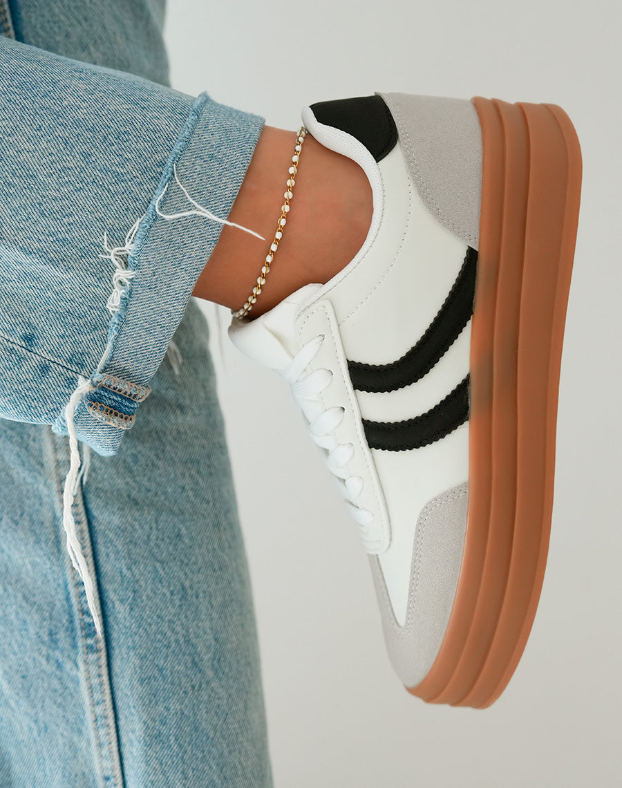 Baskets Femme Blanches triple plateforme avec Empiècements Noir et Gris