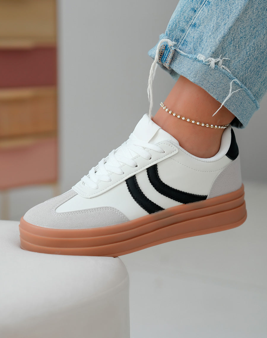 Baskets Femme Blanches triple plateforme avec Empiècements Noir et Gris