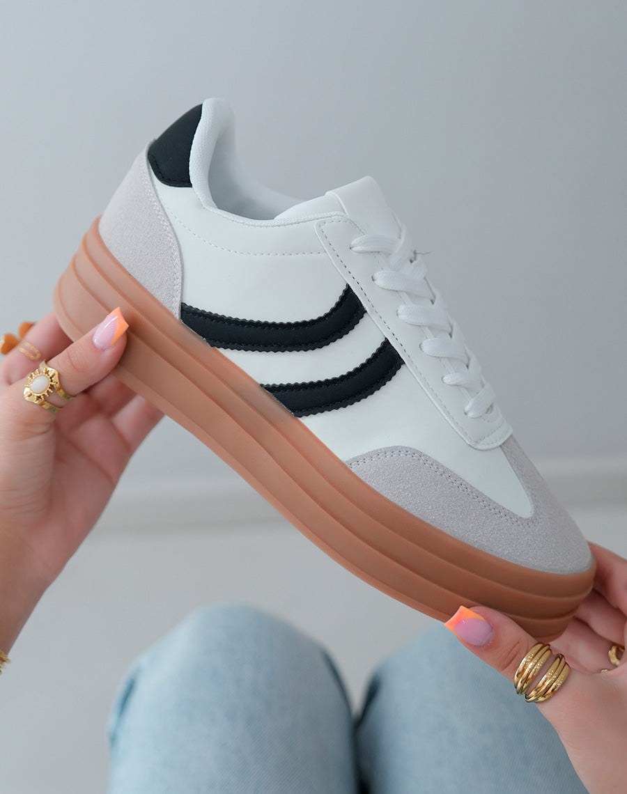 Baskets Femme Blanches triple plateforme avec Empiècements Noir et Gris