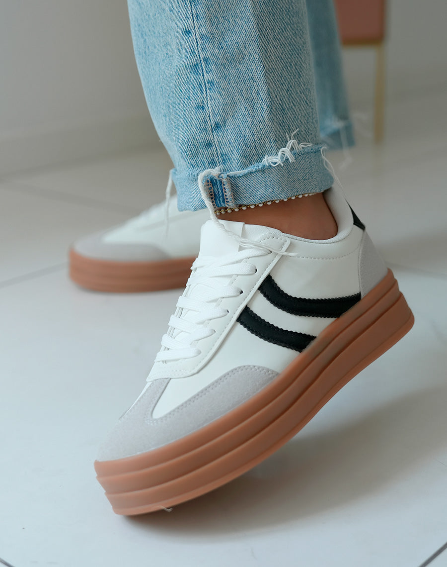 Baskets Femme Blanches triple plateforme avec Empiècements Noir et Gris