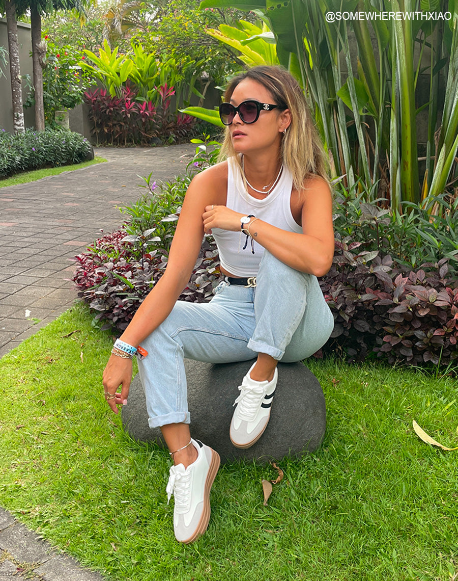 Baskets Femme Blanches triple plateforme avec Empiècements Noir et Gris