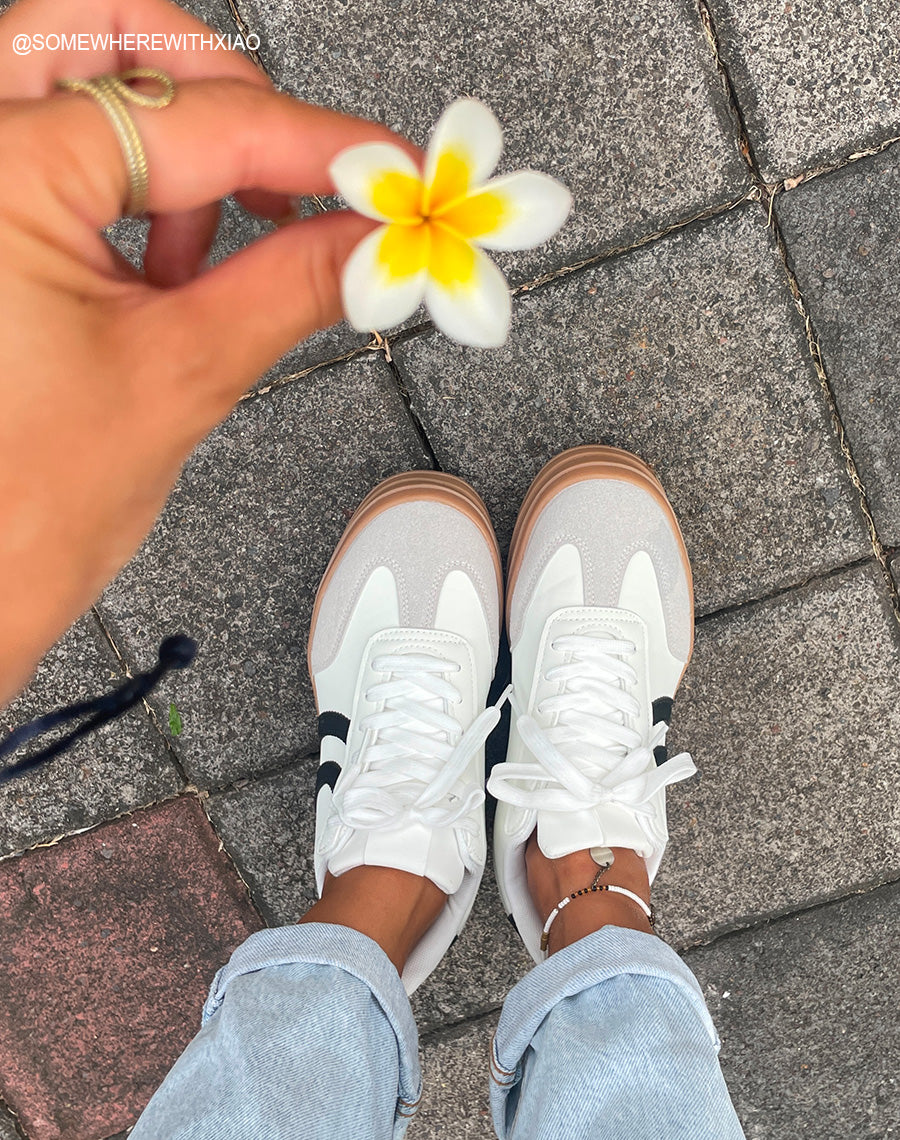 Baskets Femme Blanches triple plateforme avec Empiècements Noir et Gris