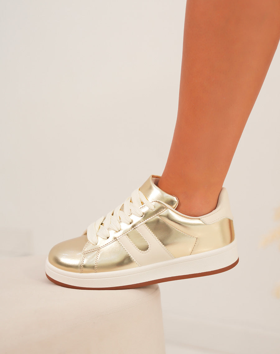 Baskets femme dorées et blanches tendance