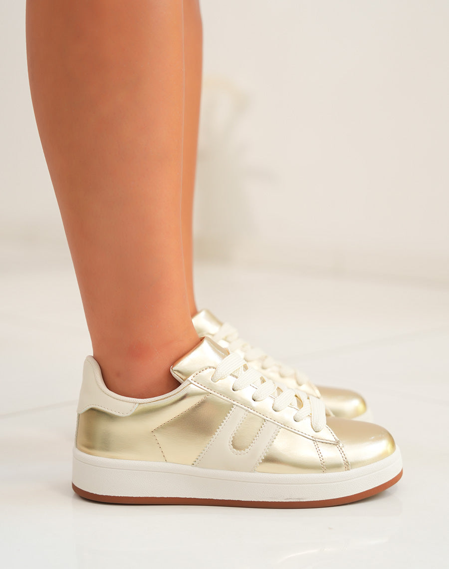 Baskets femme dorées et blanches tendance