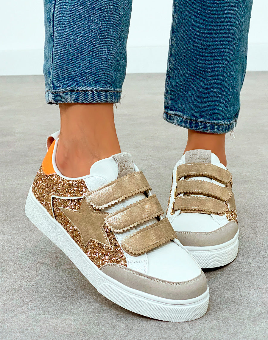 Baskets femme dorées à scratch et empiècements pailletés