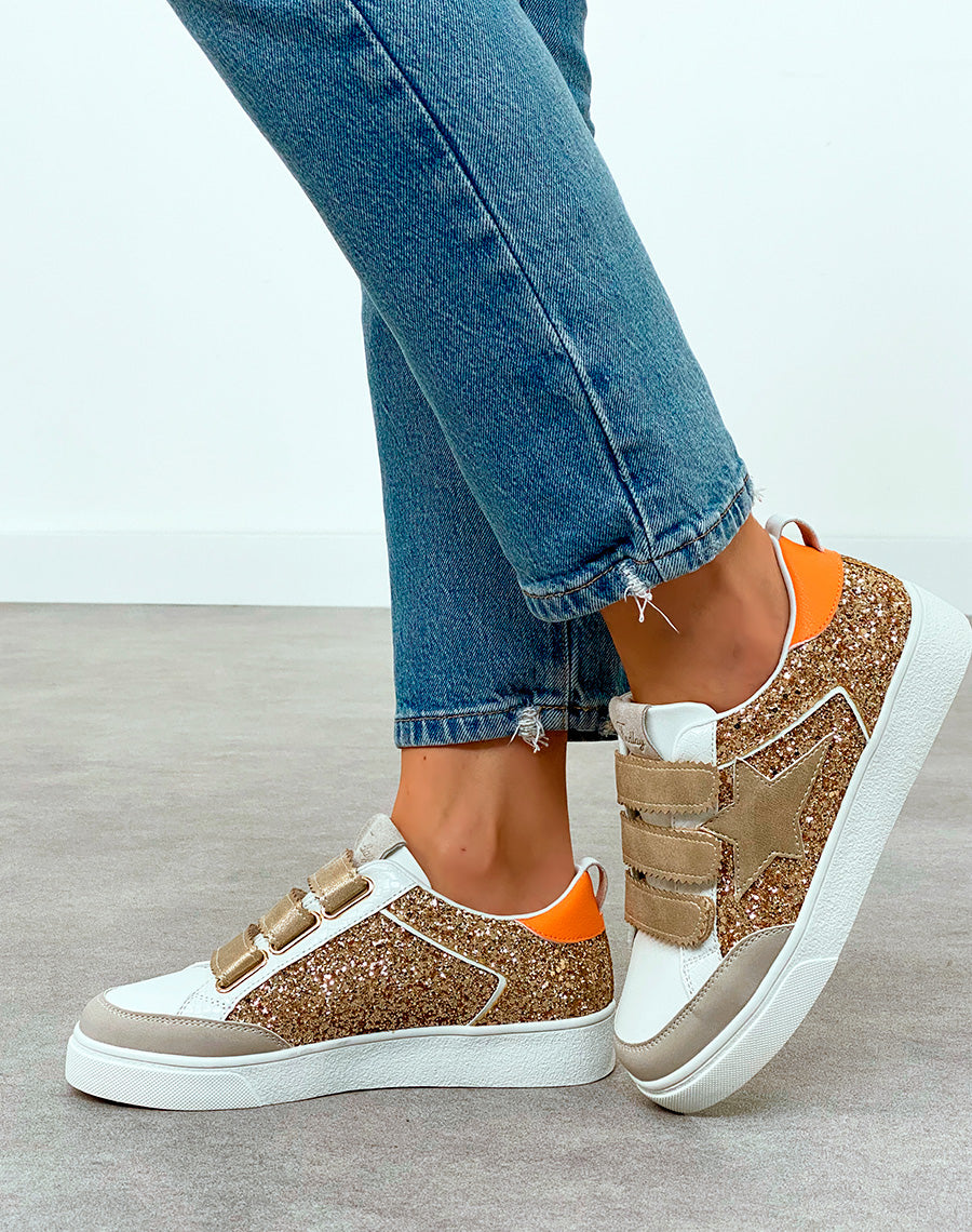 Baskets femme dorées à scratch et empiècements pailletés
