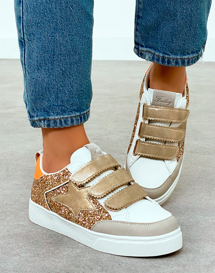 Baskets femme dorées à scratch et empiècements pailletés
