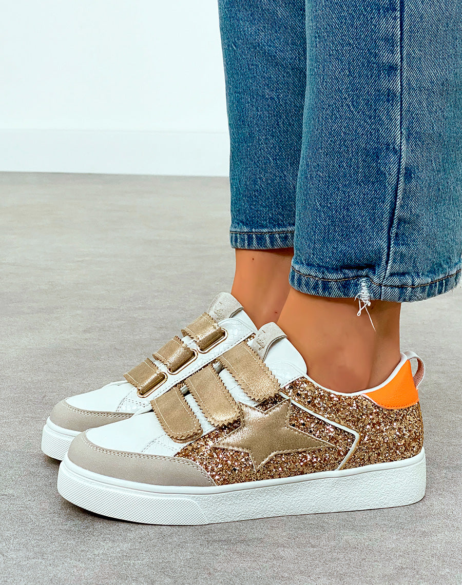 Baskets femme dorées à scratch et empiècements pailletés