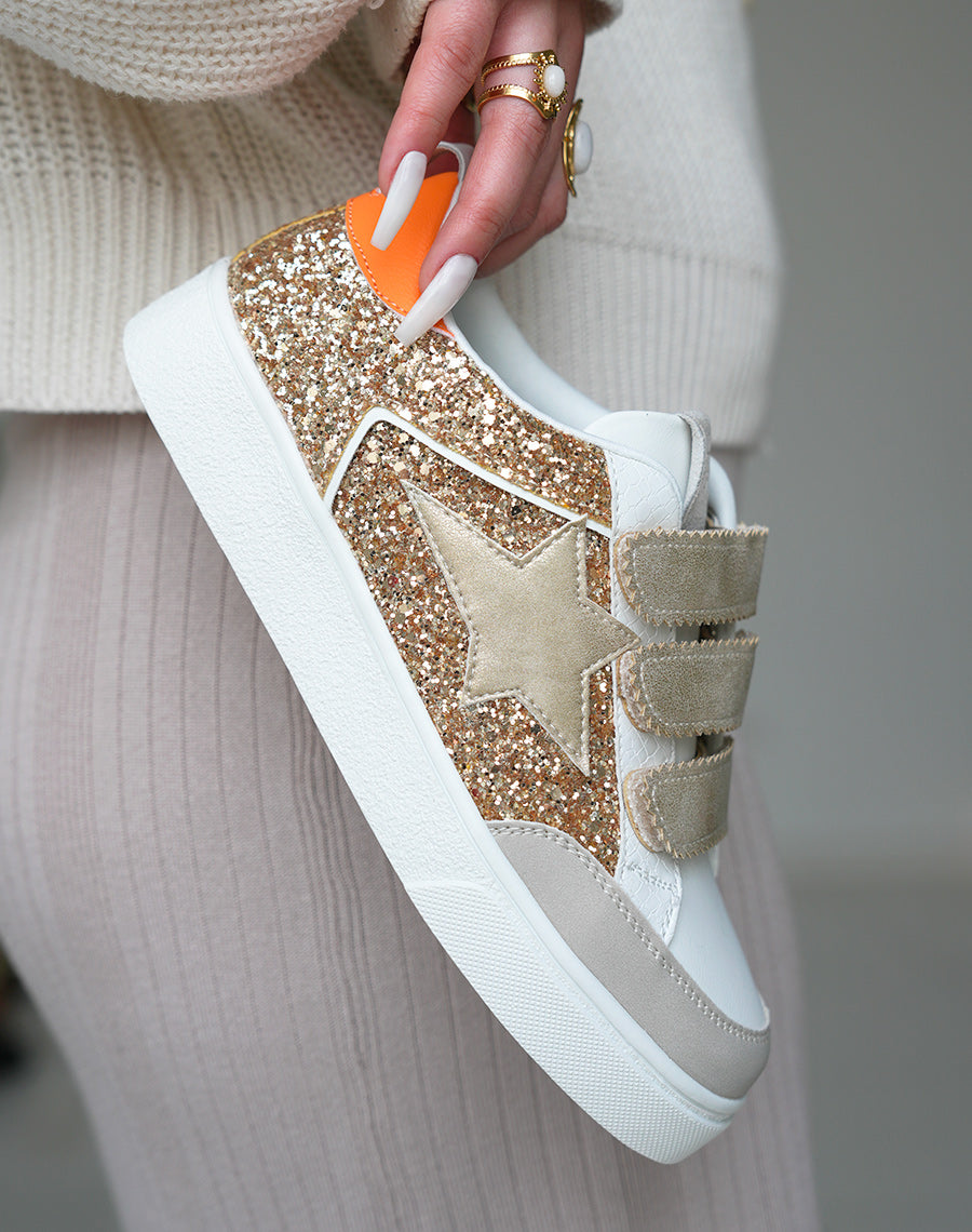 Baskets femme dorées à scratch et empiècements pailletés