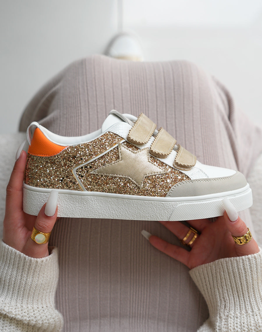 Baskets femme dorées à scratch et empiècements pailletés