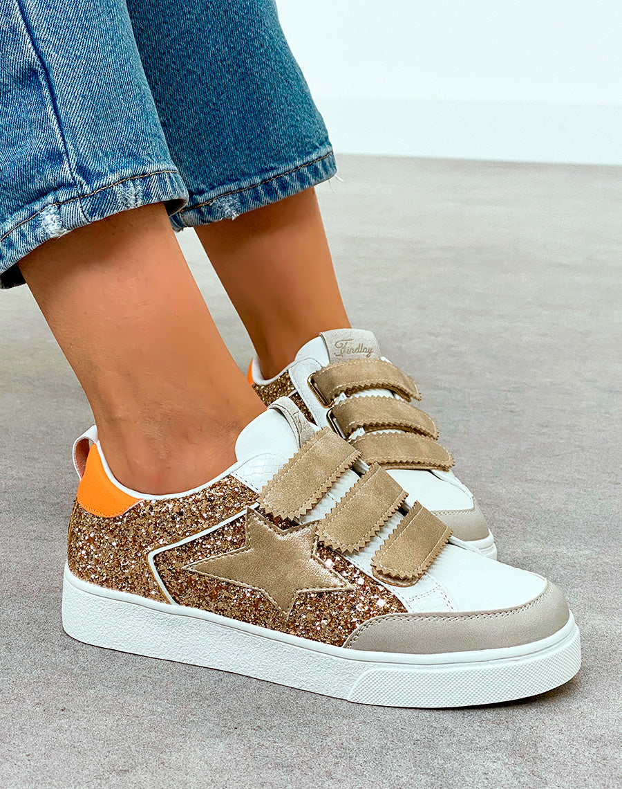 Baskets femme dorées à scratch et empiècements pailletés