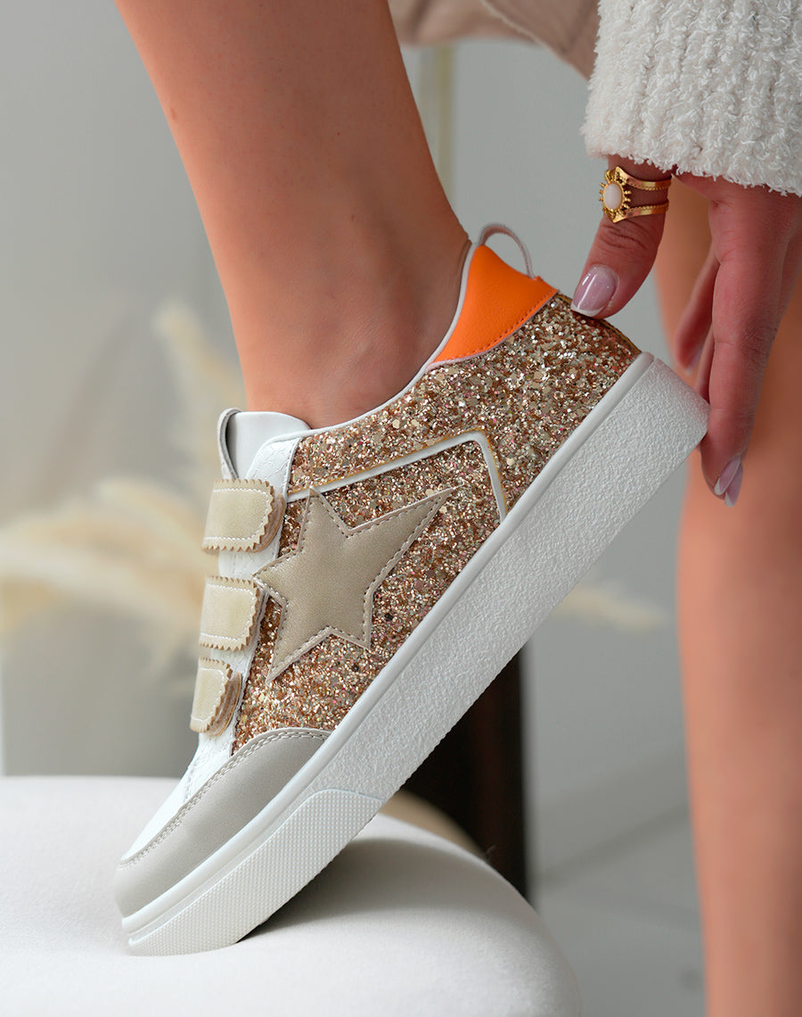 Baskets femme dorées à scratch et empiècements pailletés