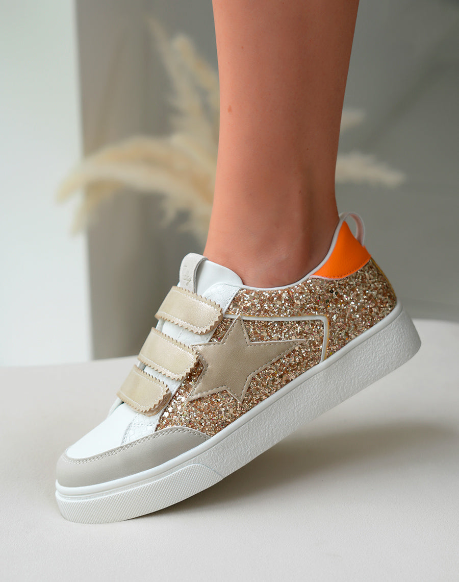 Baskets femme dorées à scratch et empiècements pailletés