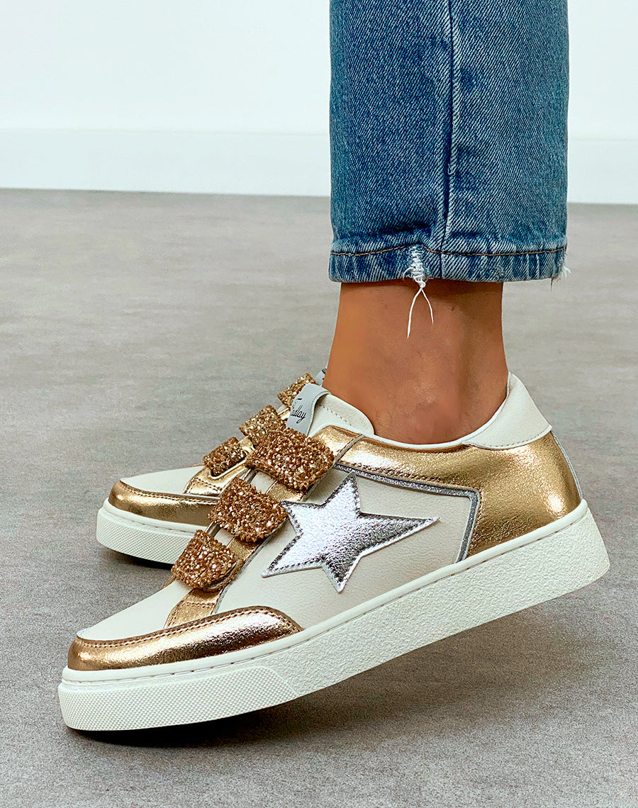Baskets Femme Dorées Scratch Étoilées Pailletées Élégance