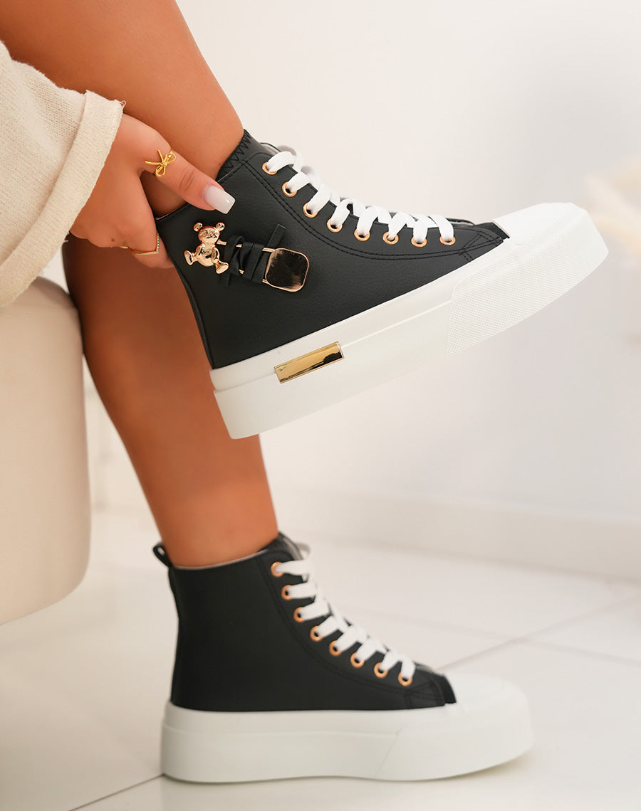 Baskets femme montantes noires à lacets avec détail ourson doré et semelle épaisse