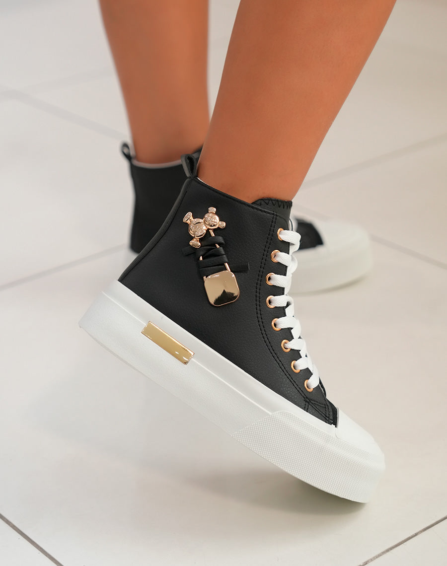 Baskets femme montantes noires à lacets avec détail ourson doré et semelle épaisse