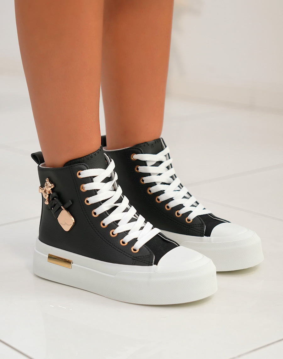 Baskets femme montantes noires à lacets avec détail ourson doré et semelle épaisse