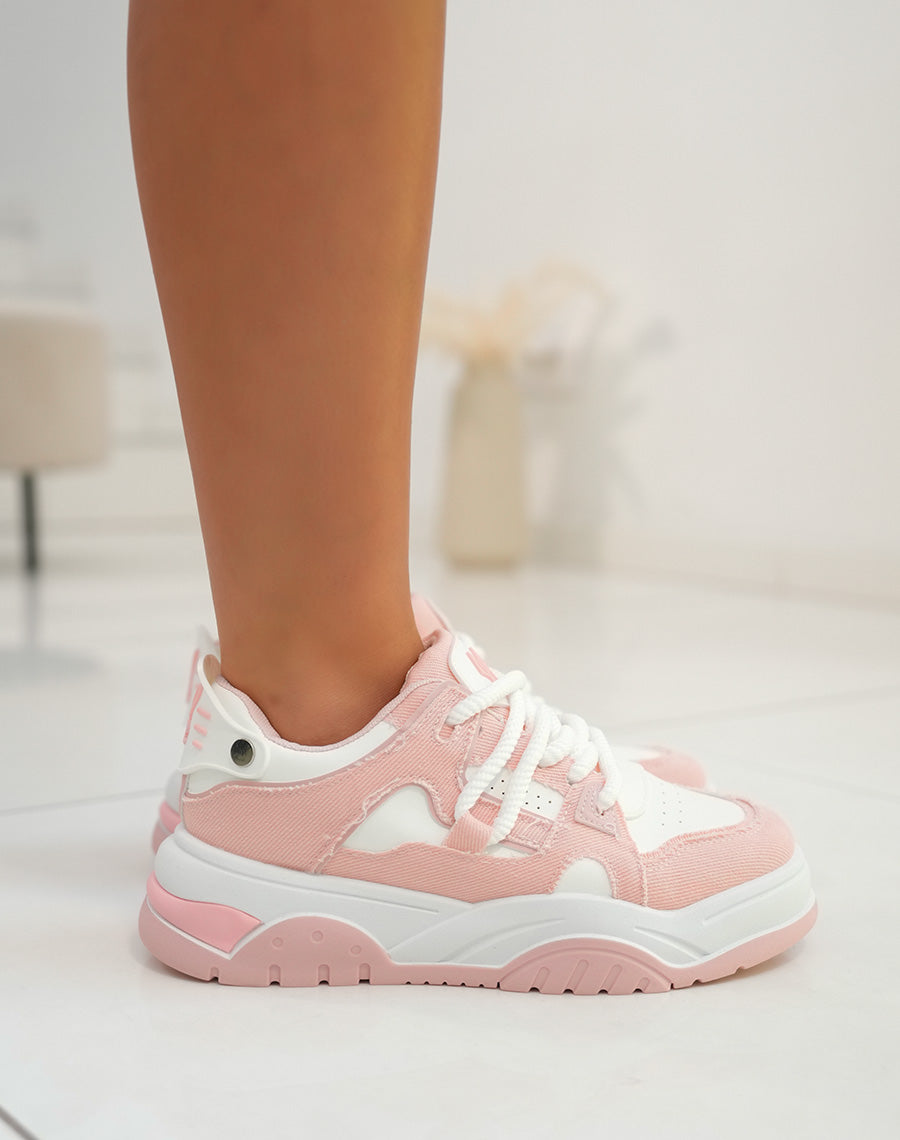 Baskets femme rose et blanche tendance effet déchiré à lacets corde