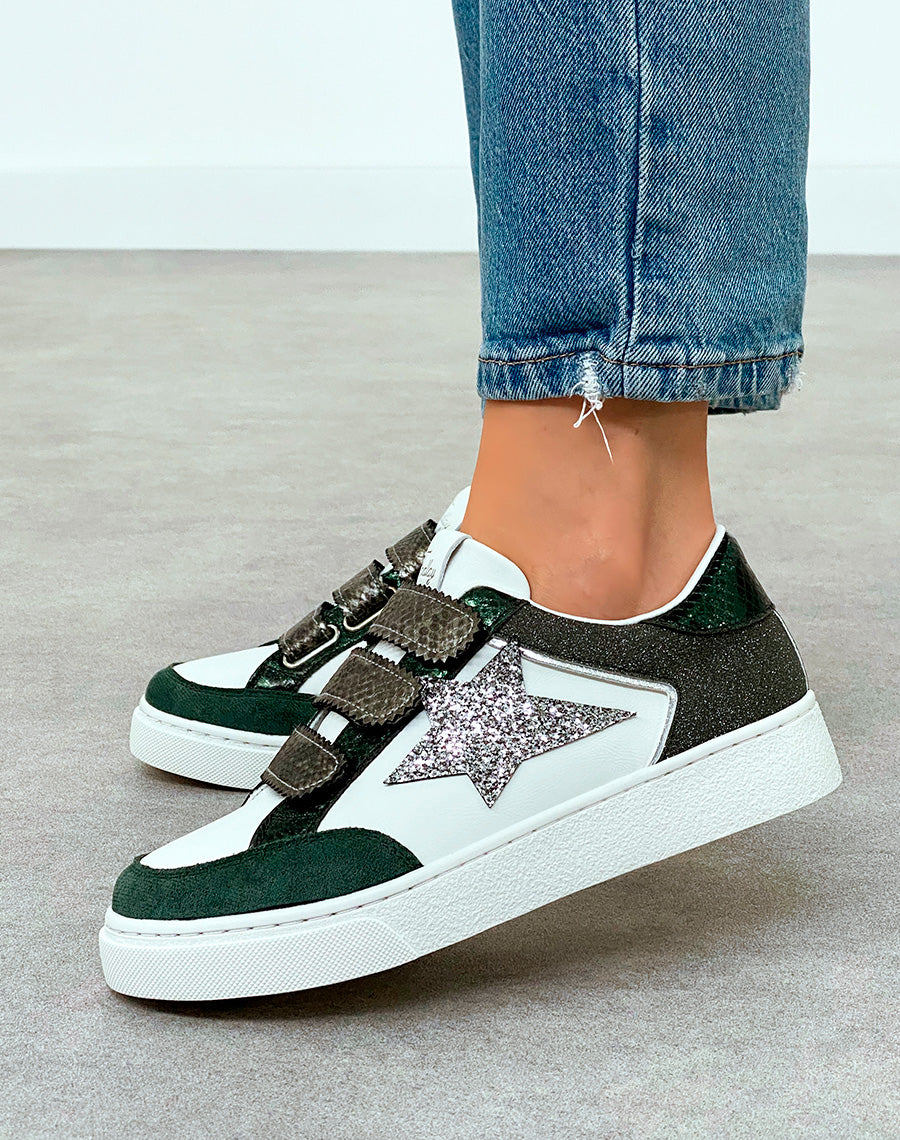 Baskets Femme Vertes Scratch Empiècements Pailletés Étoile Argentée