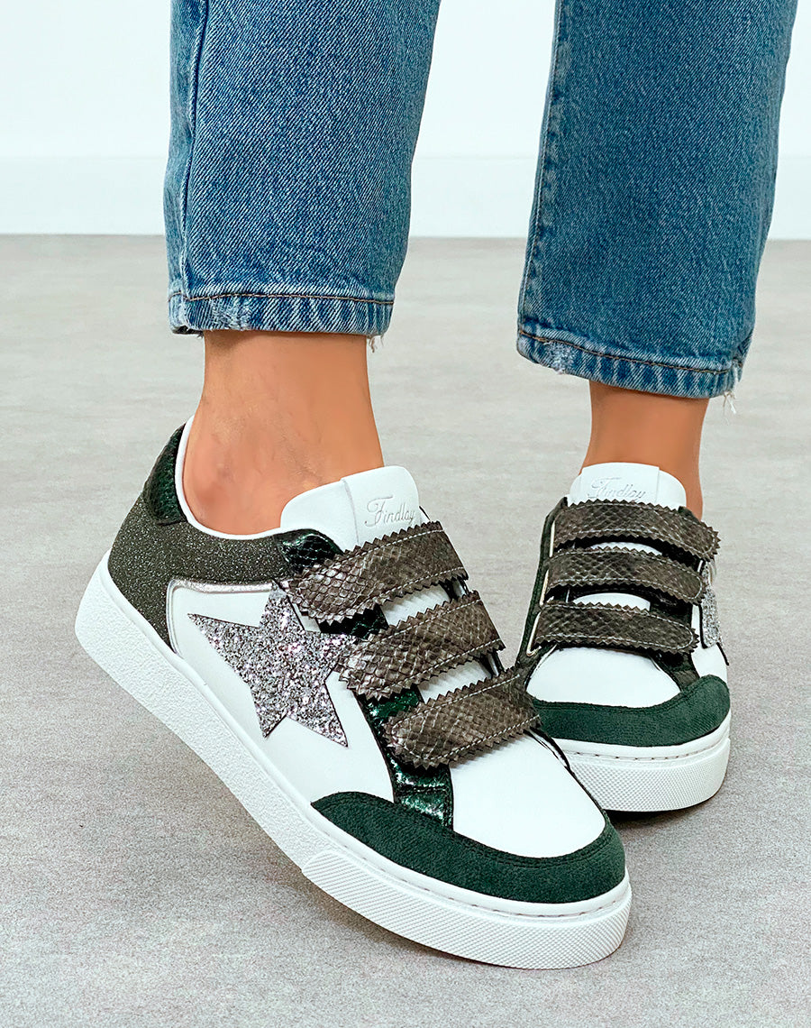 Baskets Femme Vertes Scratch Empiècements Pailletés Étoile Argentée