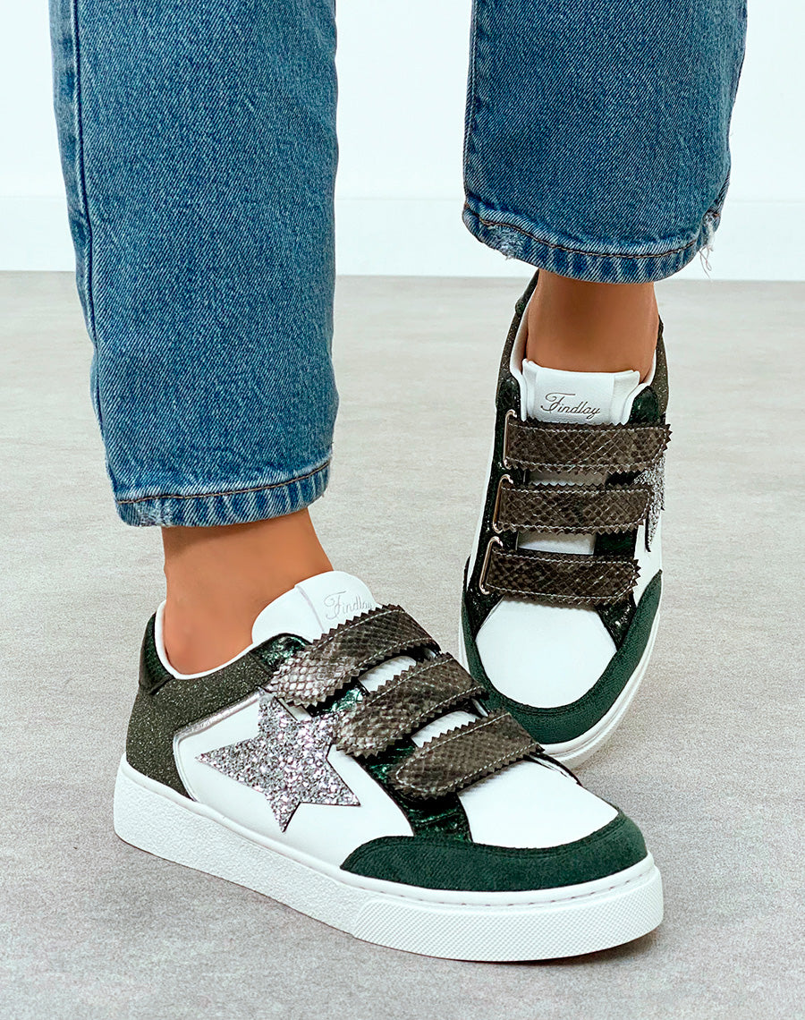Baskets Femme Vertes Scratch Empiècements Pailletés Étoile Argentée