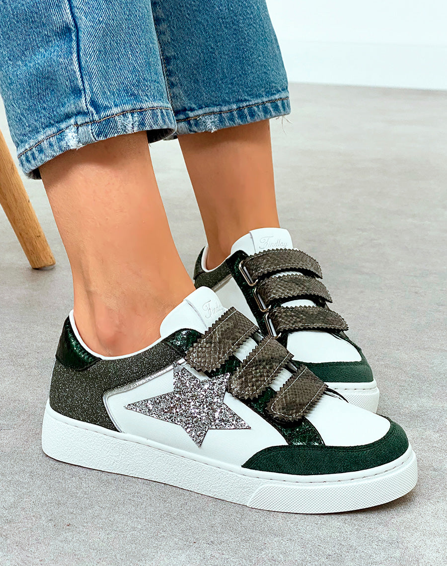 Baskets Femme Vertes Scratch Empiècements Pailletés Étoile Argentée
