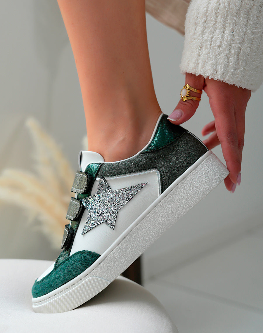 Baskets Femme Vertes Scratch Empiècements Pailletés Étoile Argentée