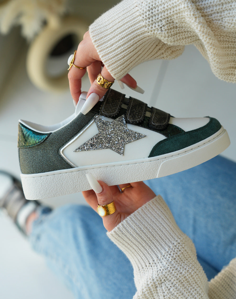 Baskets Femme Vertes Scratch Empiècements Pailletés Étoile Argentée