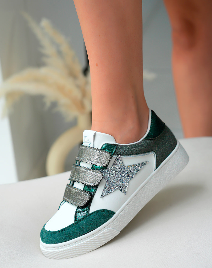Baskets Femme Vertes Scratch Empiècements Pailletés Étoile Argentée