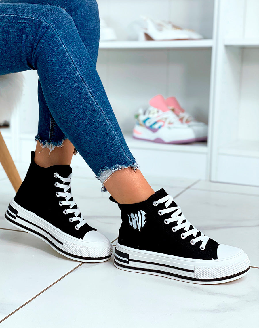 Baskets femmes en toiles noires et à inscription Love