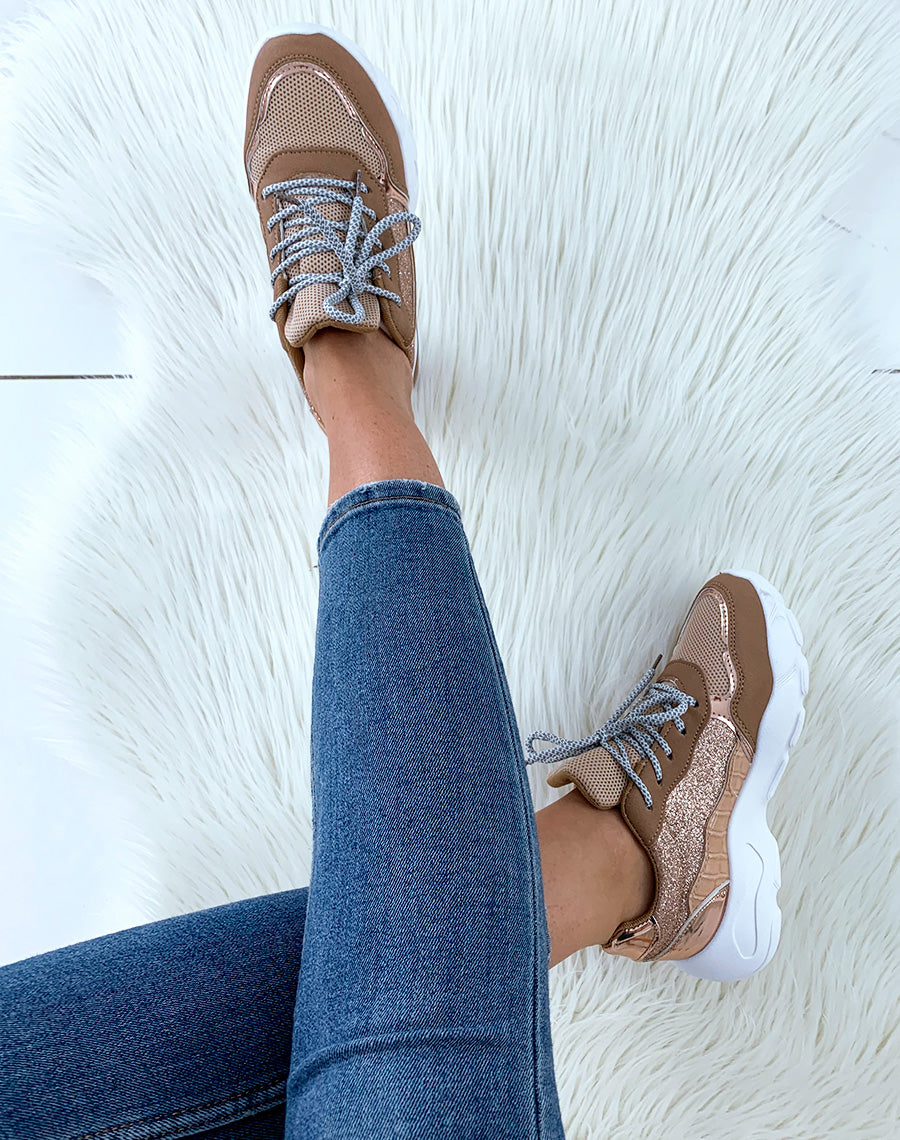 Baskets kaki cuivre bi-matière