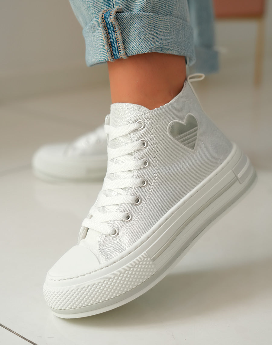 Baskets Montantes Blanches à Paillettes avec Coeur