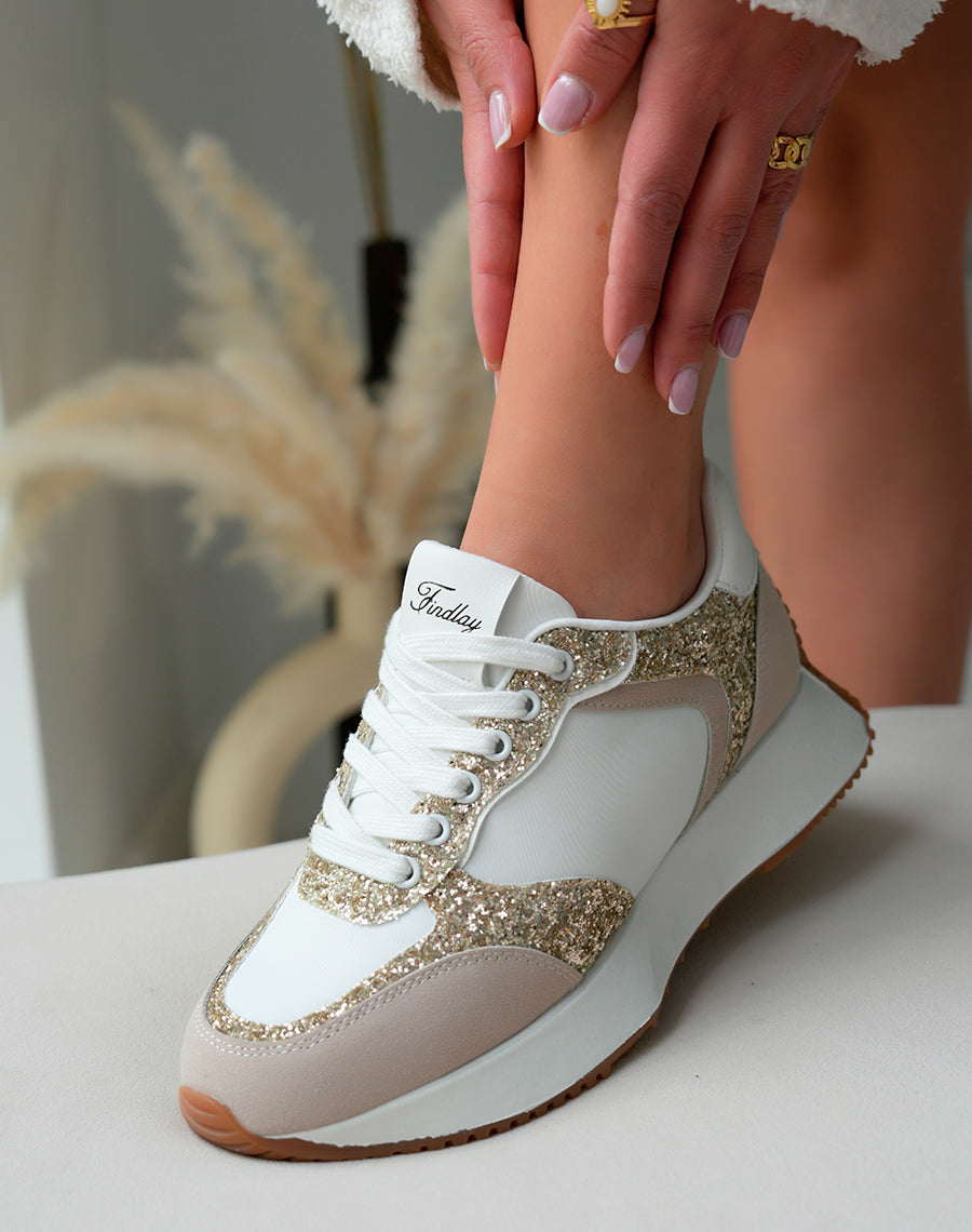 Baskets montantes blanches à paillettes et empiècement beige