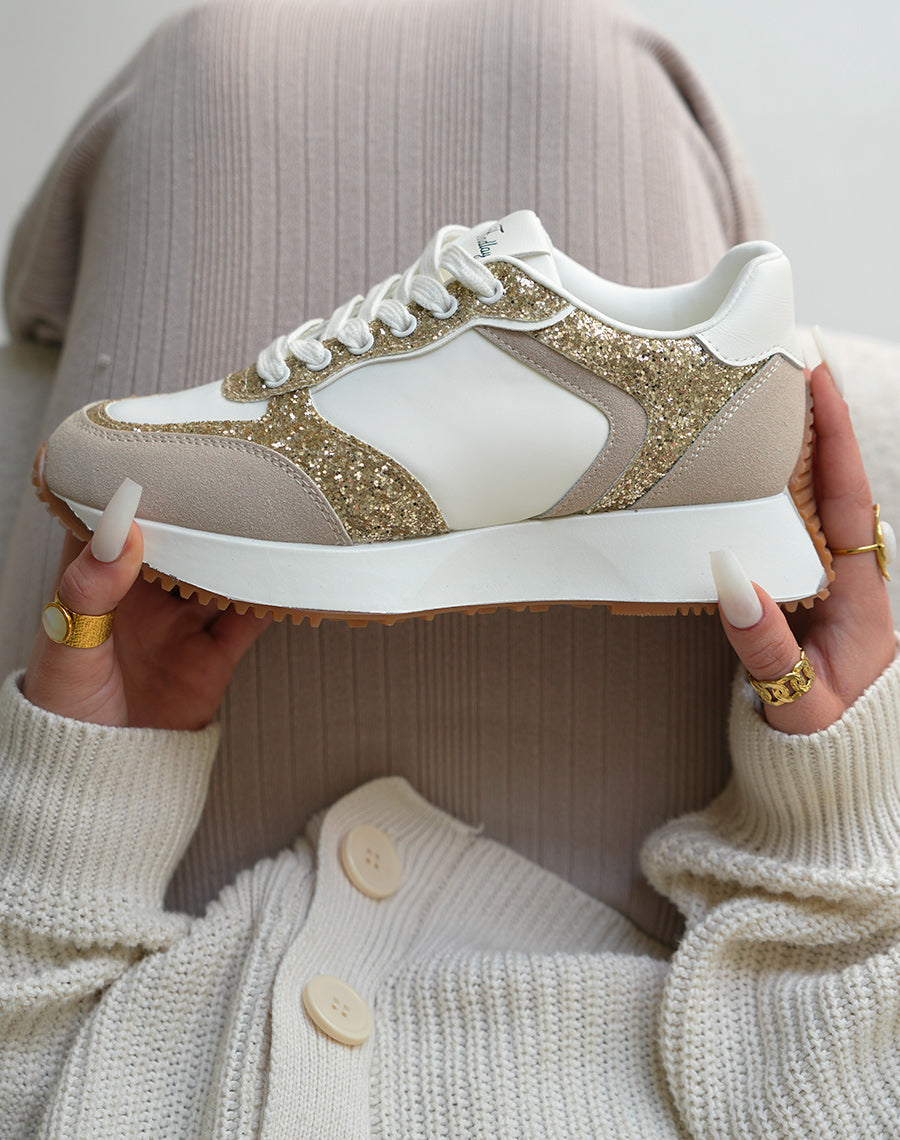 Baskets montantes blanches à paillettes et empiècement beige