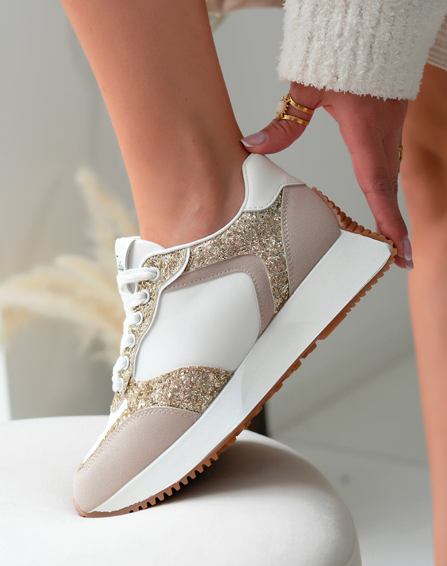 Baskets montantes blanches à paillettes et empiècement beige