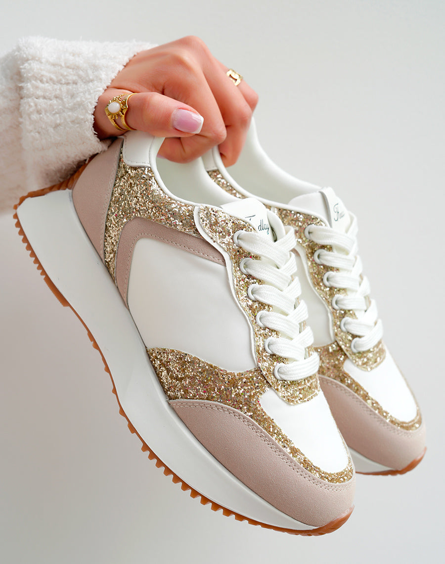 Baskets montantes blanches à paillettes et empiècement beige