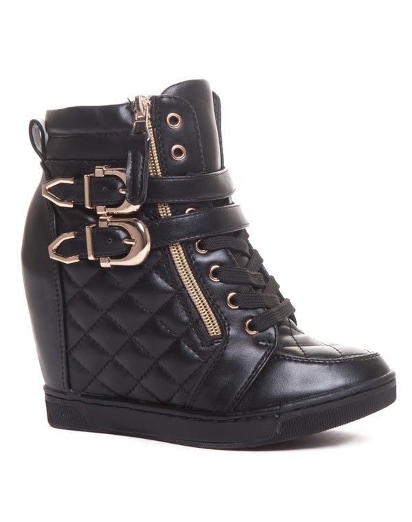 Baskets montantes compensées noir à effet matelassé