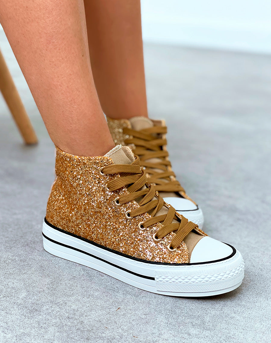 Baskets montantes dorées pailletées à lacets camel
