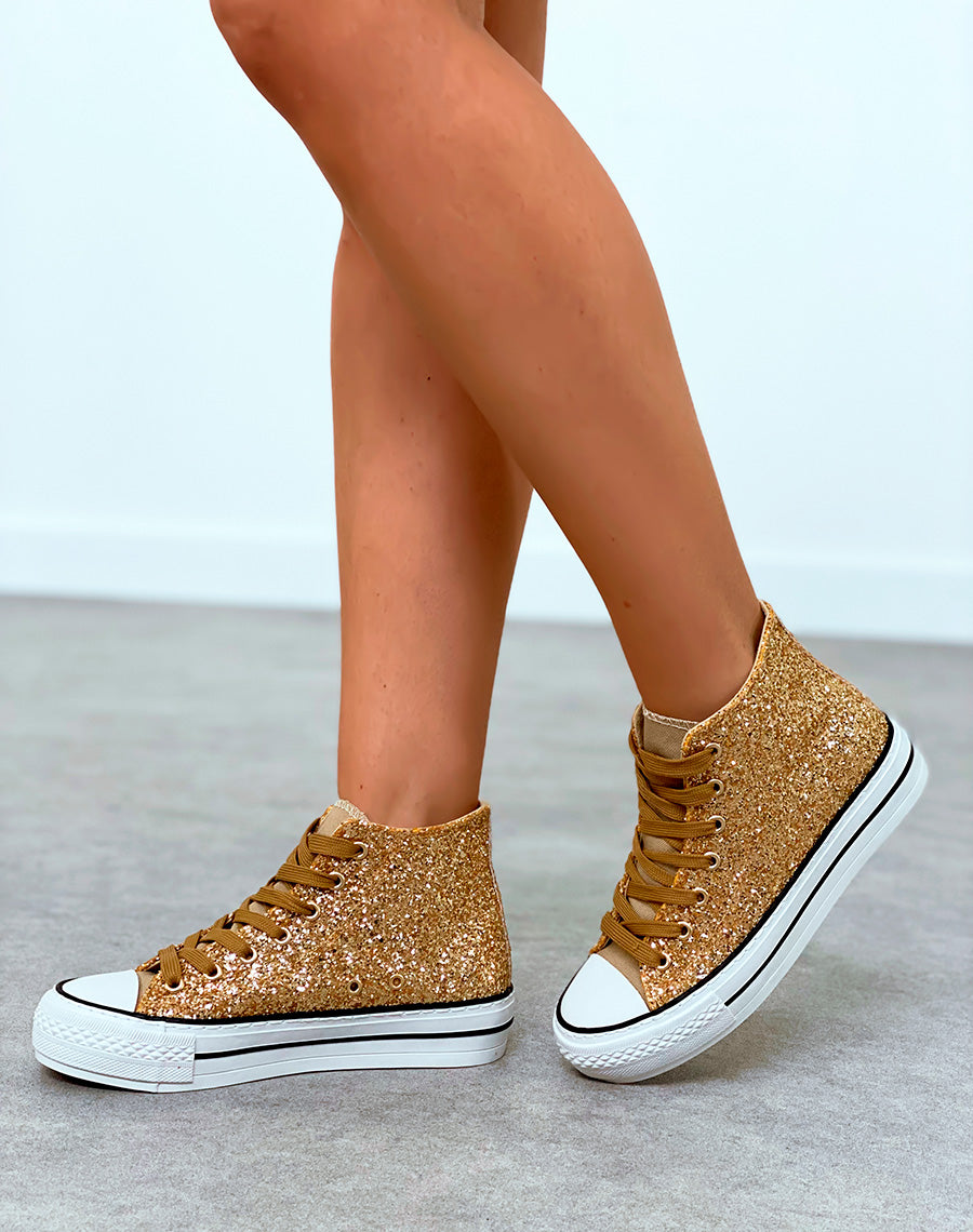 Baskets montantes dorées pailletées à lacets camel