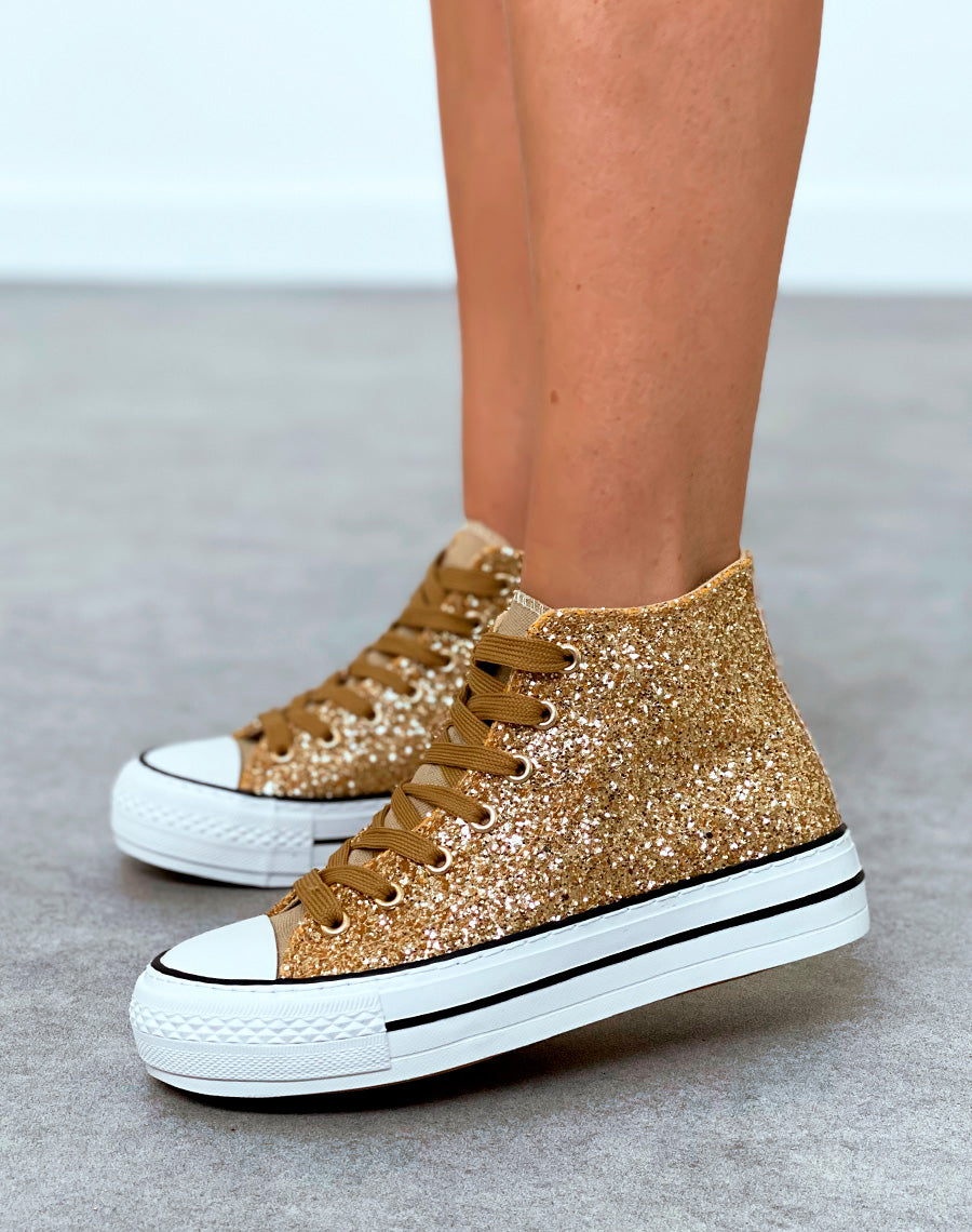 Baskets montantes dorées pailletées à lacets camel