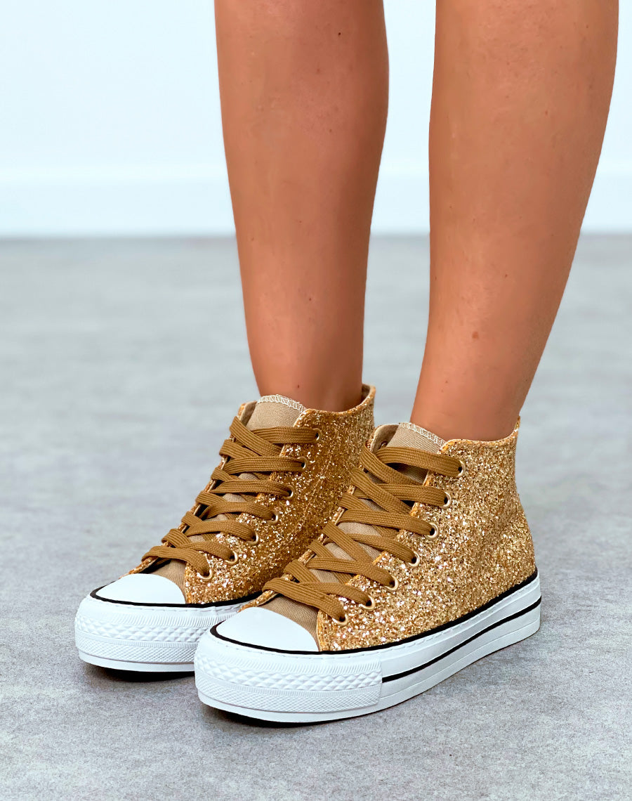 Baskets montantes dorées pailletées à lacets camel