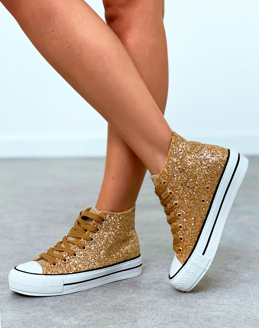 Baskets montantes dorées pailletées à lacets camel