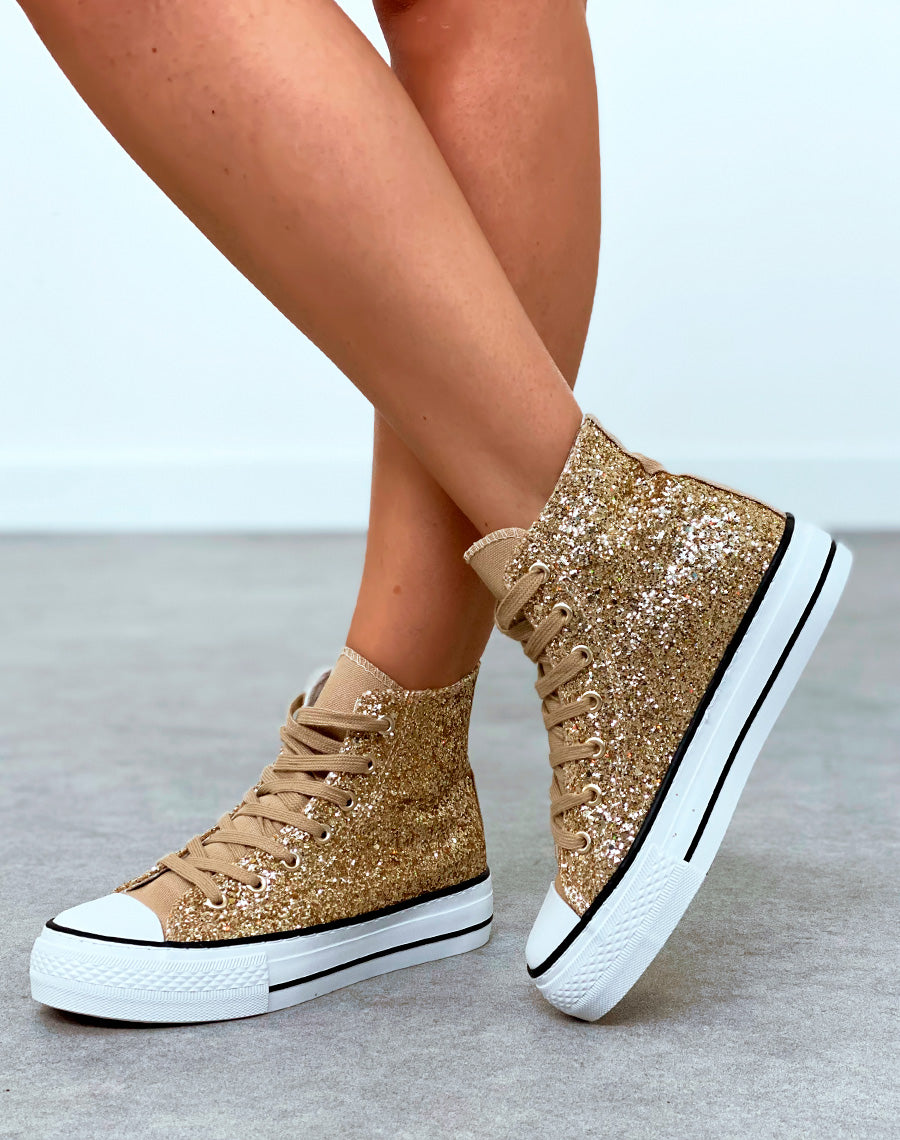 Baskets montantes dorées pailletées à lacets marron clair