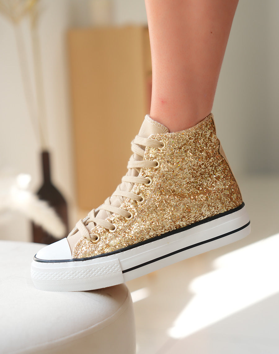 Baskets montantes dorées pailletées à lacets marron clair
