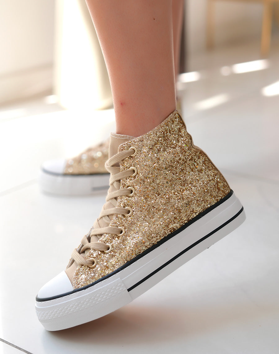 Baskets montantes dorées pailletées à lacets marron clair