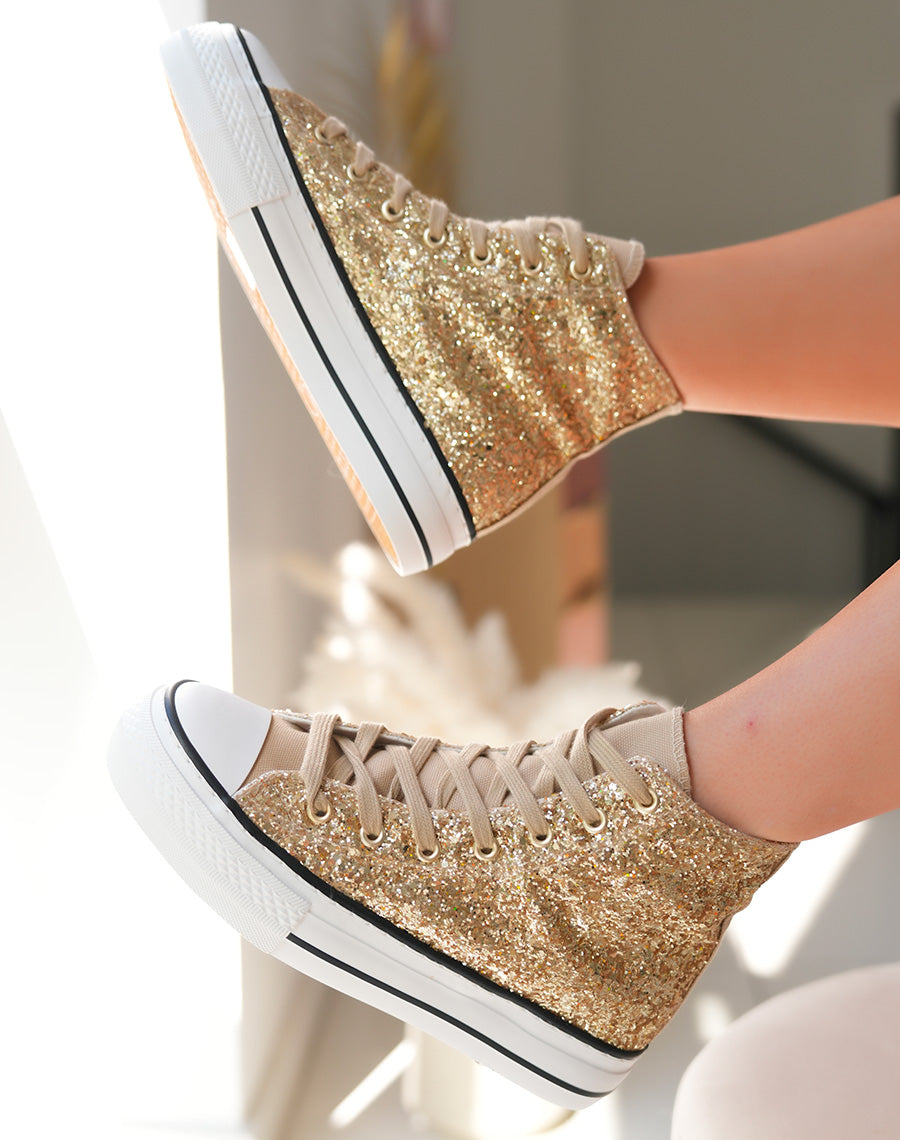 Baskets montantes dorées pailletées à lacets marron clair