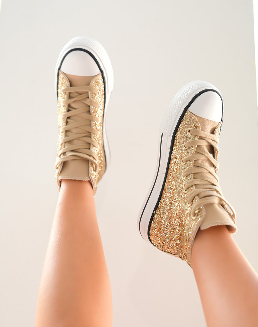 Baskets montantes dorées pailletées à lacets marron clair