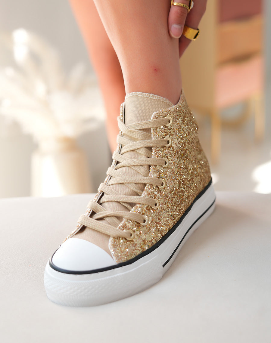 Baskets montantes dorées pailletées à lacets marron clair
