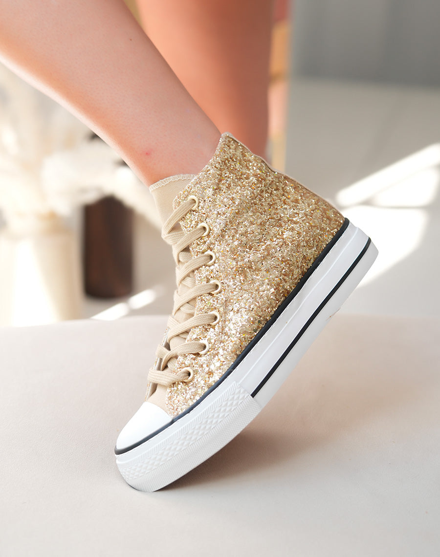 Baskets montantes dorées pailletées à lacets marron clair