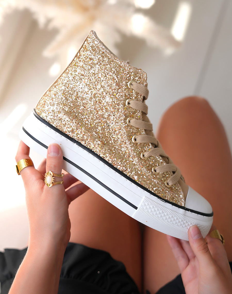 Baskets montantes dorées pailletées à lacets marron clair